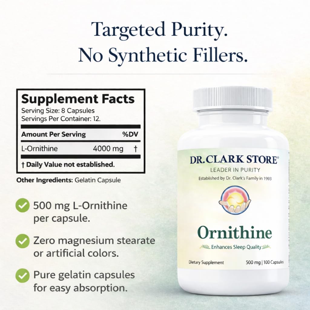 Dr Clark Ornithine Dietary Supplement - Gluten Free, Natural Sleep Aid, Promotes Protein Metabolism, Cleansing and Detoxification, 500mg, 100 Gelatin Capsules Dr Clark Store Au supplements