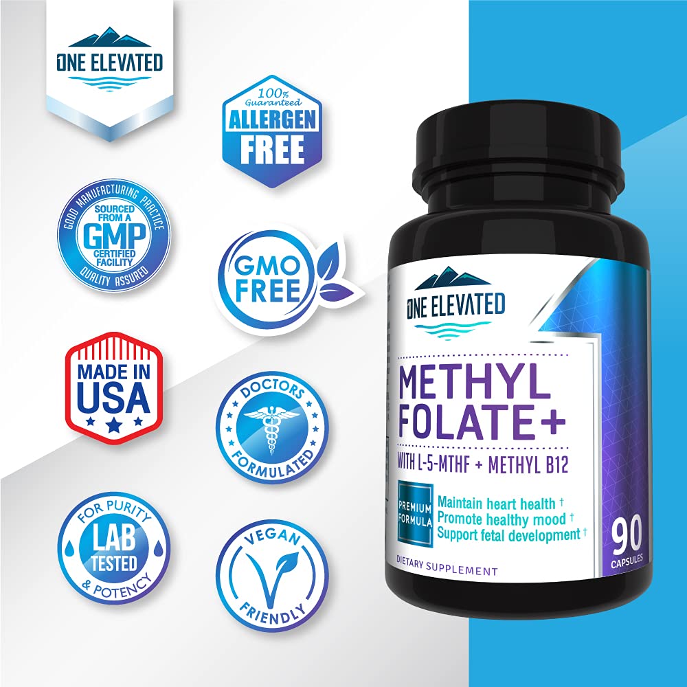 Double Strength & Most Bioactive Methyl Folate! Uniquely Formulated with Highest Pharmaceutical Grade Methylcobalamin (B12), Niacin, B1, B2 B6. Works Synergistically for Max Results-3 Month Supply One Elevated Au supplements