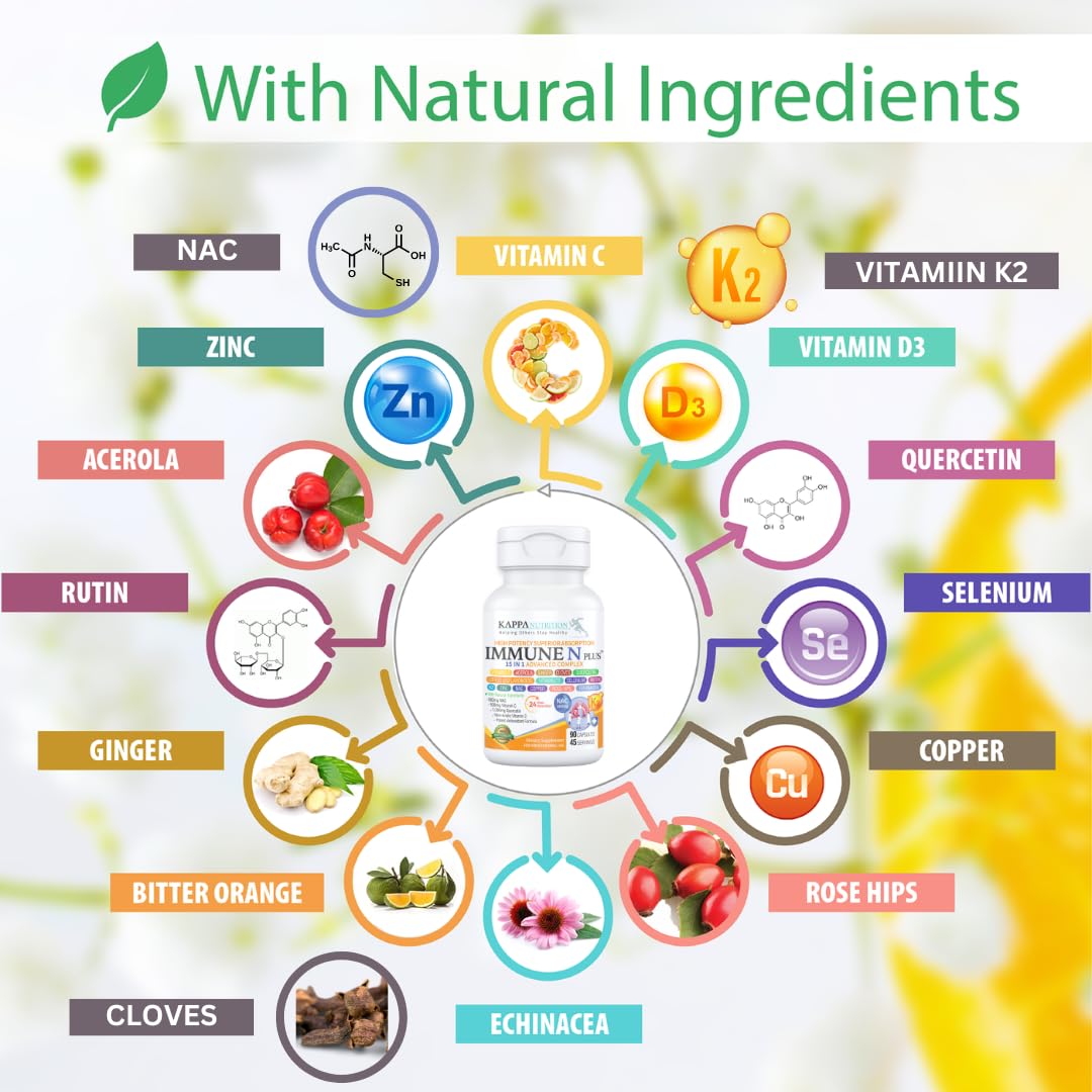 (60 Capsules), NAC 600mg, Quercetin 1,000mg, Vitamin C 500mg, Zinc 50mg, Vitamin D3 5,000iu, Selenium, Copper, Acerola, Ginger, Rutin, Citrus Bioflavonoids, Rose Hips, Echinacea, Immune N Plus 15 in 1 KAPPA NUTRITIONAu supplements