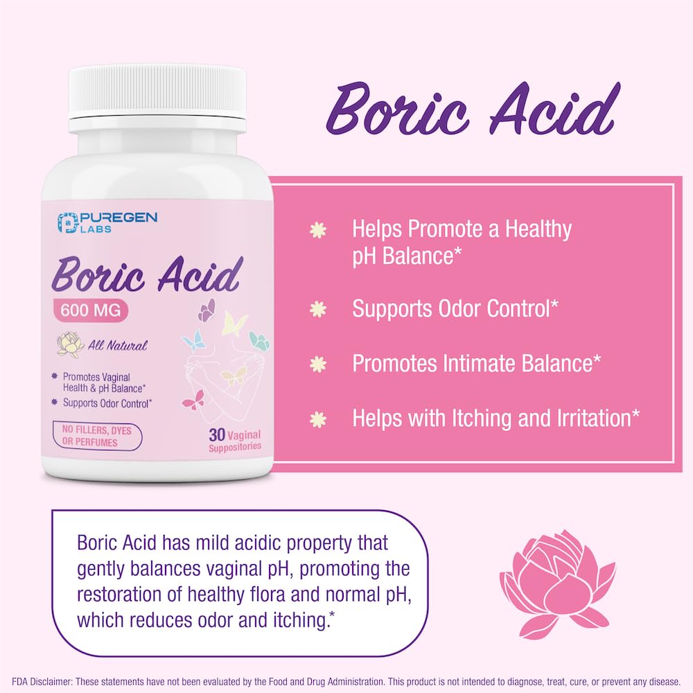 Puregen Labs Boric Acid 600 mg Vaginal Suppositories - 100% Pure | All Natural Without Dyes or Fillers P Puregen Labs Au supplements