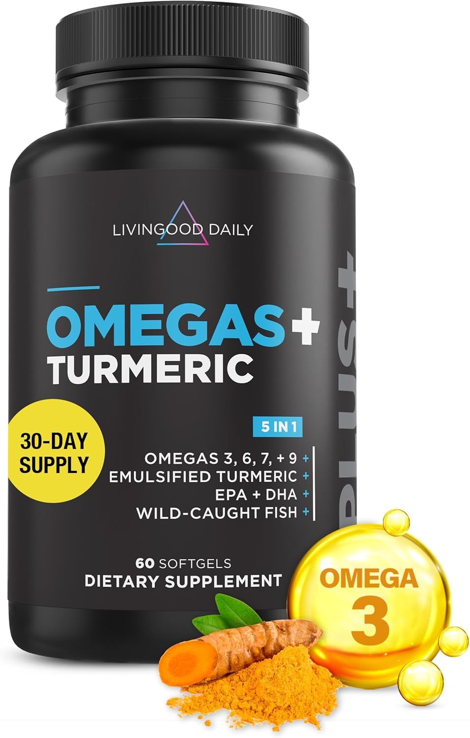 Livingood Daily Omega 3 6 9 Plus Turmeric Curcumin Supplement, 60 Softgels - Fish Oil Omega 3 Supplements (EPA & DHA) for Men and Women - Brain, Joint, Heart Health, and Metabolism - Made in USA Livingood Daily Au supplements