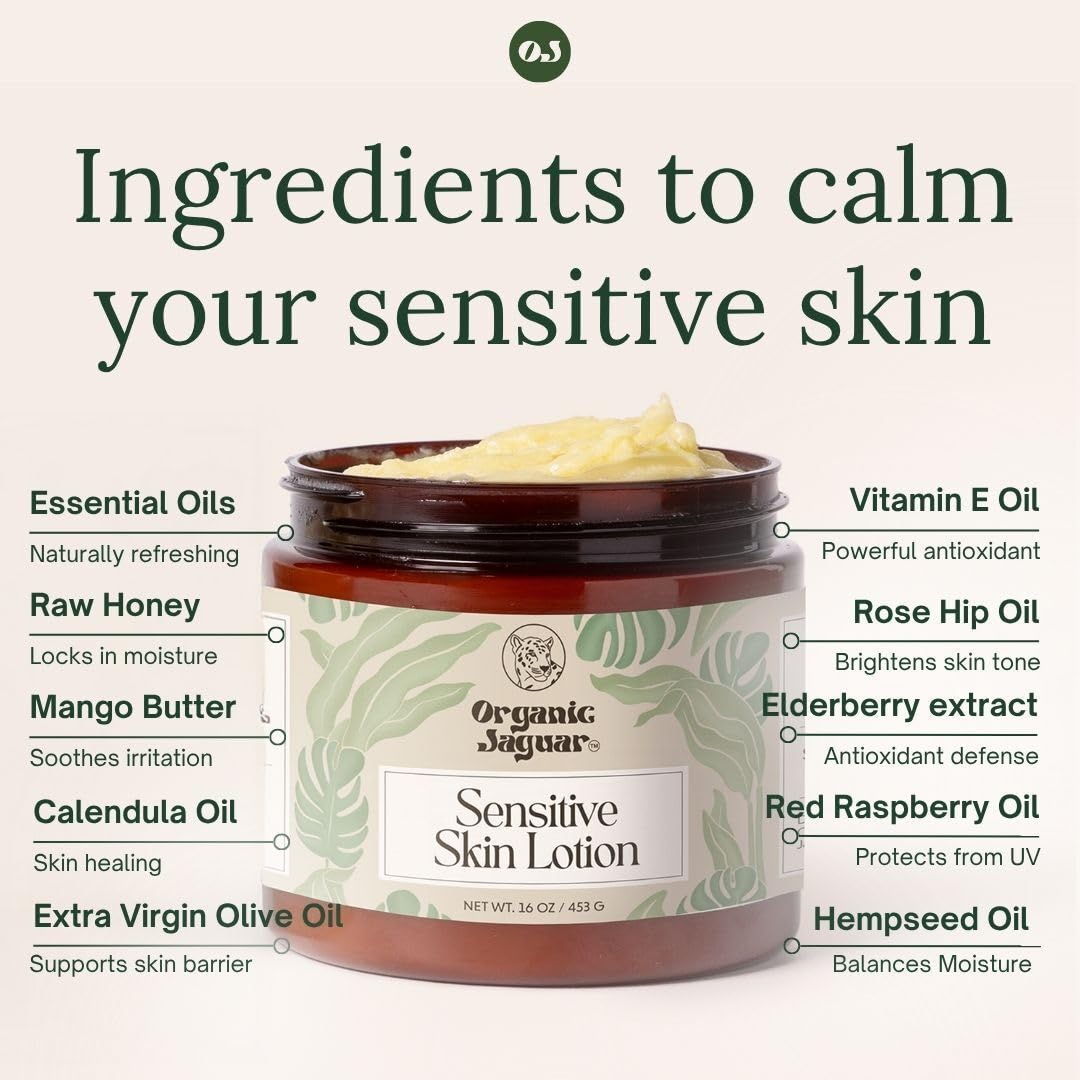 Organic Jaguar Natural Body Lotion for Sensitive Skin, Scent Free, Sulfate & Paraben Free Body Care, Moisturizer With Essential Oils, Vitamin E Oil, Beeswax, Extra Virgin Olive Oil, Raw Honey, 8 oz Organic Jaguar Au supplements