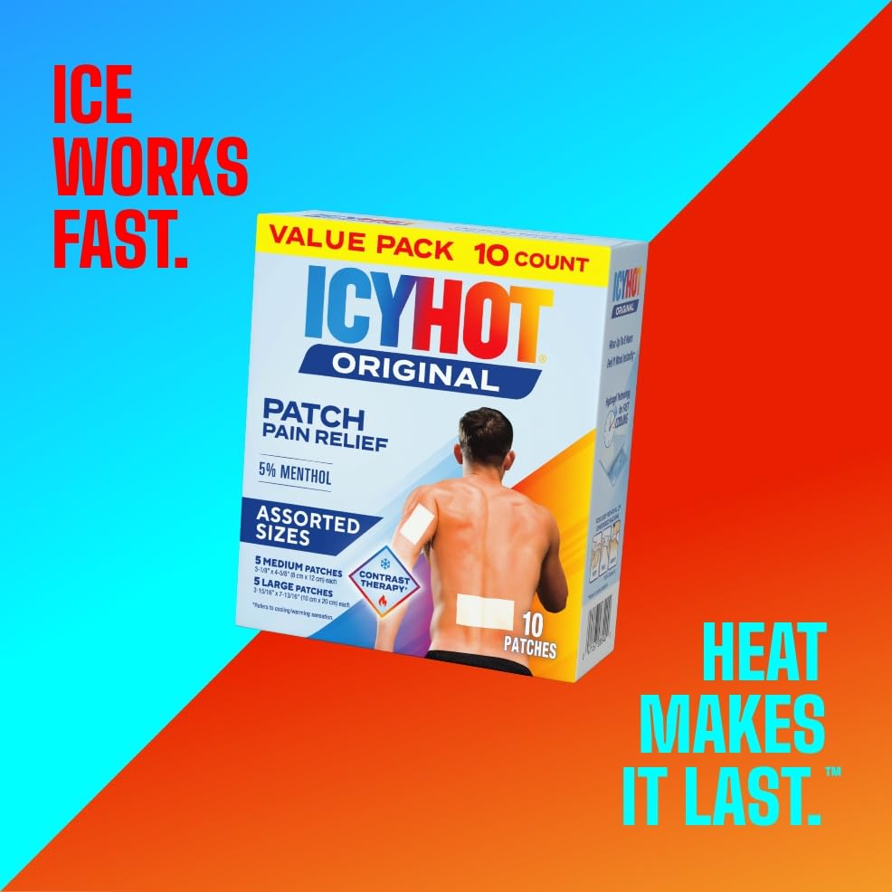 Icy Hot Original Pain Relief Patch Variety Pack with 5% Cooling Menthol for Fast-Acting Muscle and Joint Pain Relief, 5 Medium and 5 Large Comfortable Fabric Patches, 10 Ct., 2 pk Icy Hot Au supplements