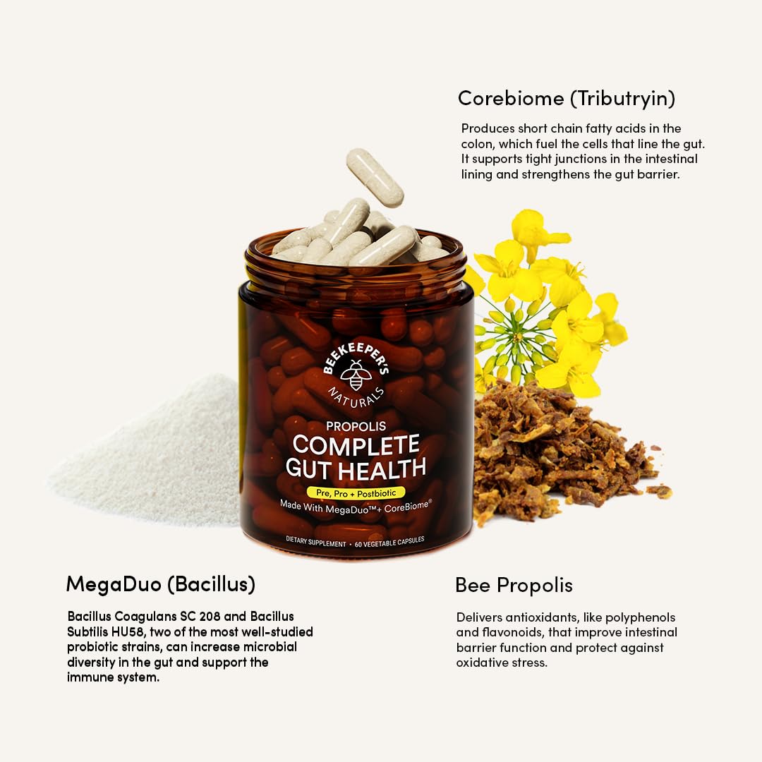 Complete Gut Health by Beekeeper's Naturals, 3-in-1 Prebiotic, Postbiotic, Probiotics for Digestive Health & Bloating Relief for Women & Men, Propolis Powered, Gluten-Free Vegan Capsules, 60ct Beekeeper's Naturals Au supplements