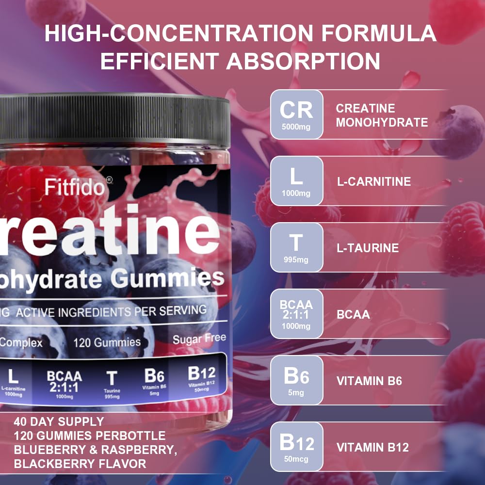 Creatine Monohydrate Gummies Complex 8000mg for Men and Women, Containing L-carnitine & Taurine, Build Muscle, Boost Energy, Faster Recovery, Sugar Free & Vegan, Raspberry & Blackberry, 120 Count Fitfido Au supplements