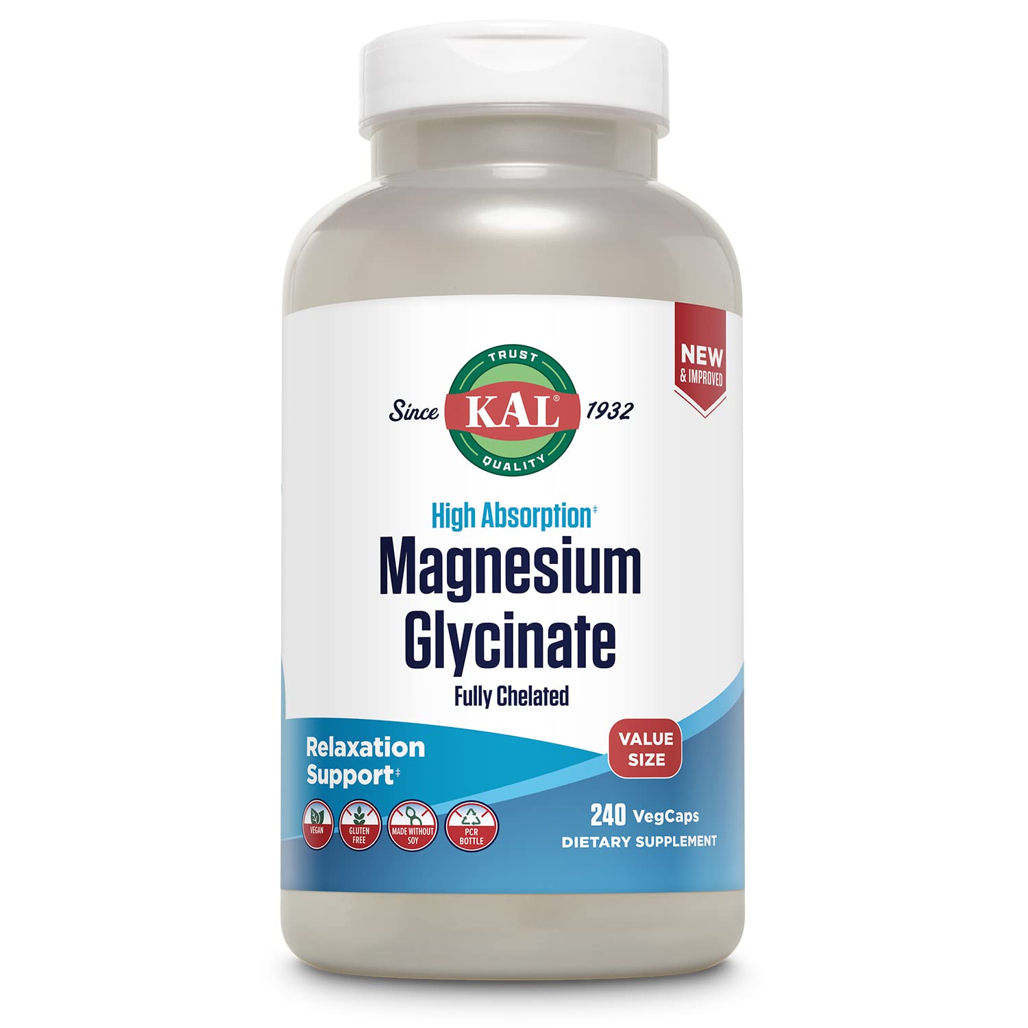 KAL Magnesium Glycinate, New & Improved Fully Chelated High Absorption Formula with BioPerine, Bisglycinate Chelate for Stress, Relaxation, Muscle & Bone Health Support, 60 Servings, 240 VegCaps KAL Au supplements