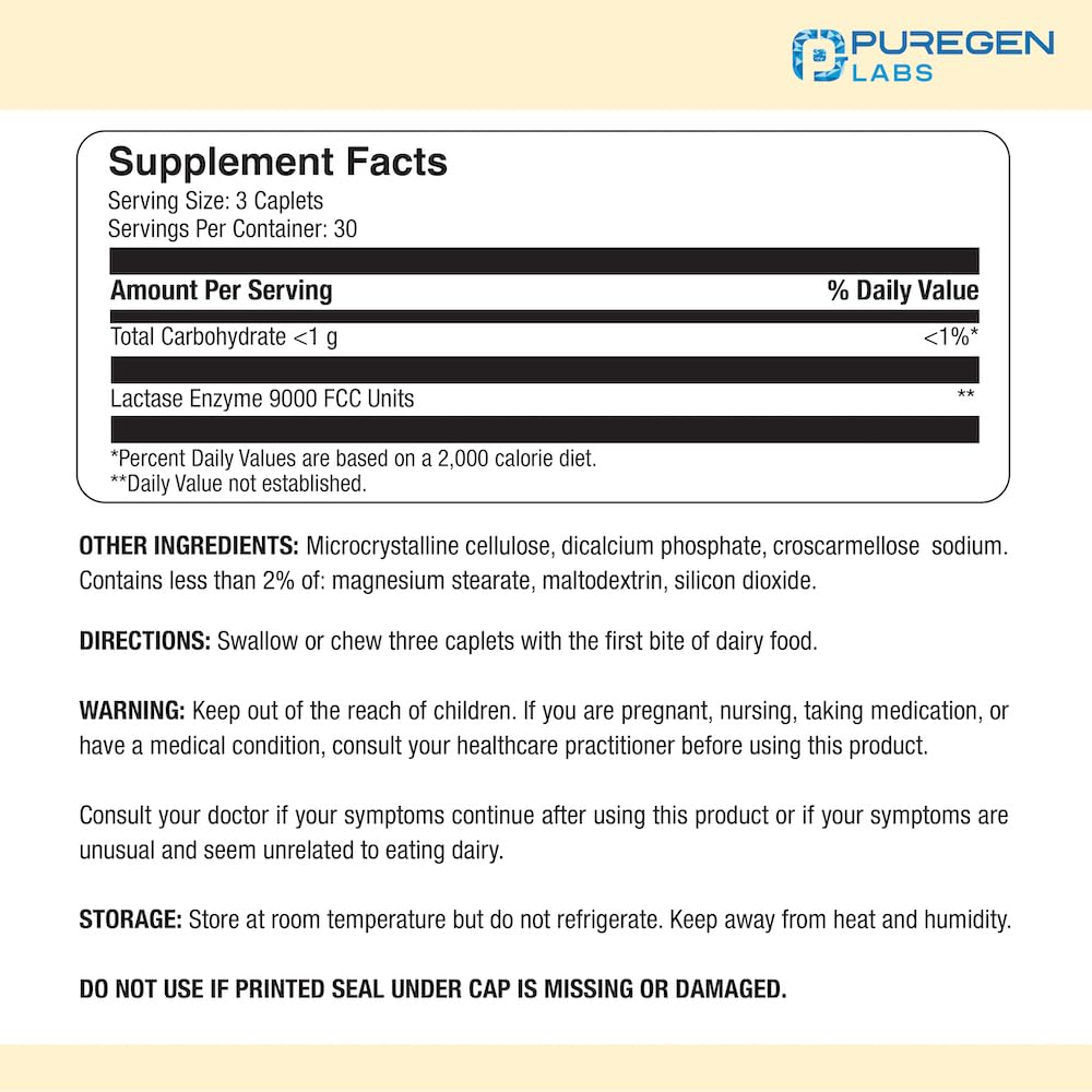 Puregen Labs Dairy Relief Natural Fast Acting Lactase Enzyme 3000 FCC, Lactose Intoleran P Puregen Labs Au supplements