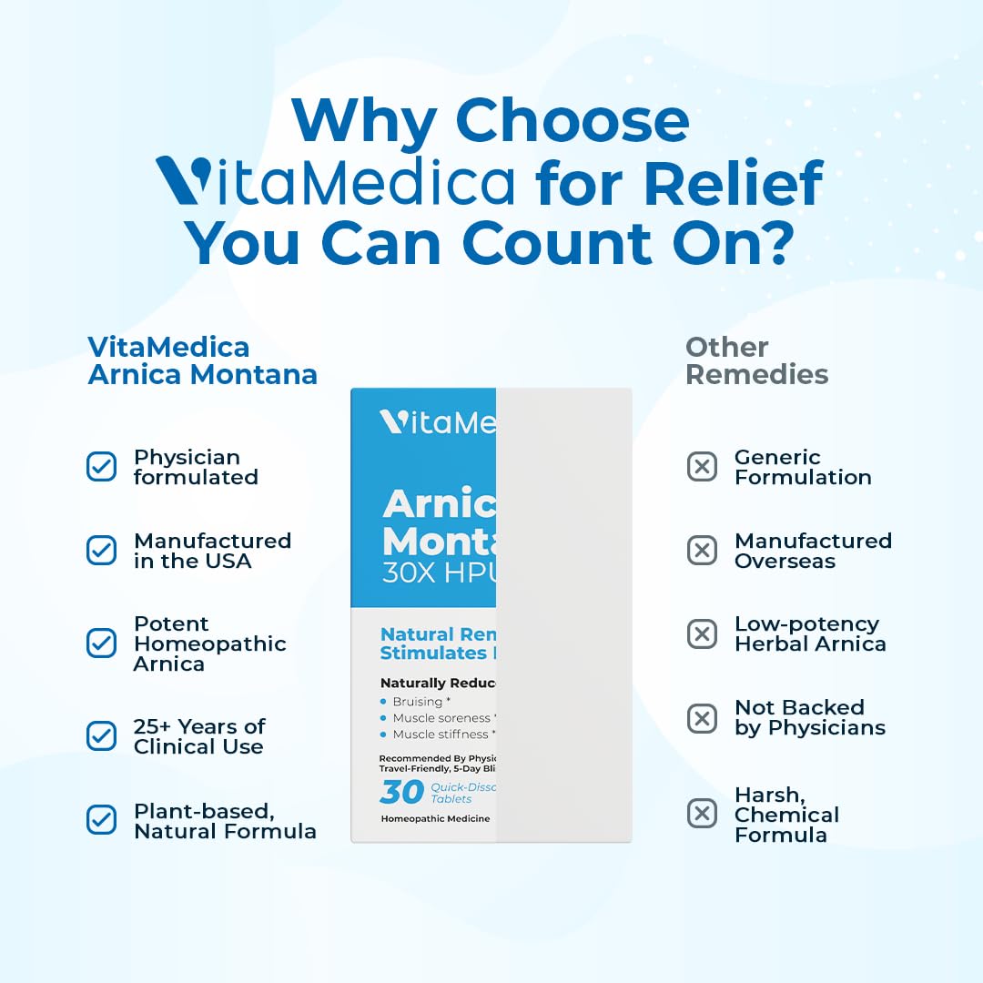 Arnica Montana 30X HPUS, Clinical Grade, Quick Dissolve Tablets, Five-Day Recovery Pack for Pain and Bruise Relief After Surgery or Injury, Natural Healing, Gentle on The Stomach - 30 Count VitaMedica Au supplements