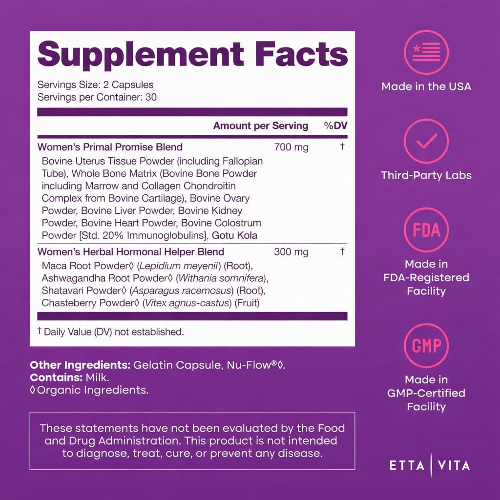 Primal Beef Organ Supplement for Women (Made in USA) Boosted w Shatavari, Maca, Ashwagandha, and Chasteberry - Grass Fed Uterus, Ovary, Liver, Kidney, Heart Bone Matrix, Gotu Kola and Queen Colostrum Etta Vita Au supplements