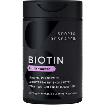 Sports Research® Biotin 10,000mcg with Organic Coconut Oil - Biotin (Vitamin B7) for Healthy Skin and Hair Support* - for Women and Men - Vegan, Non-GMO