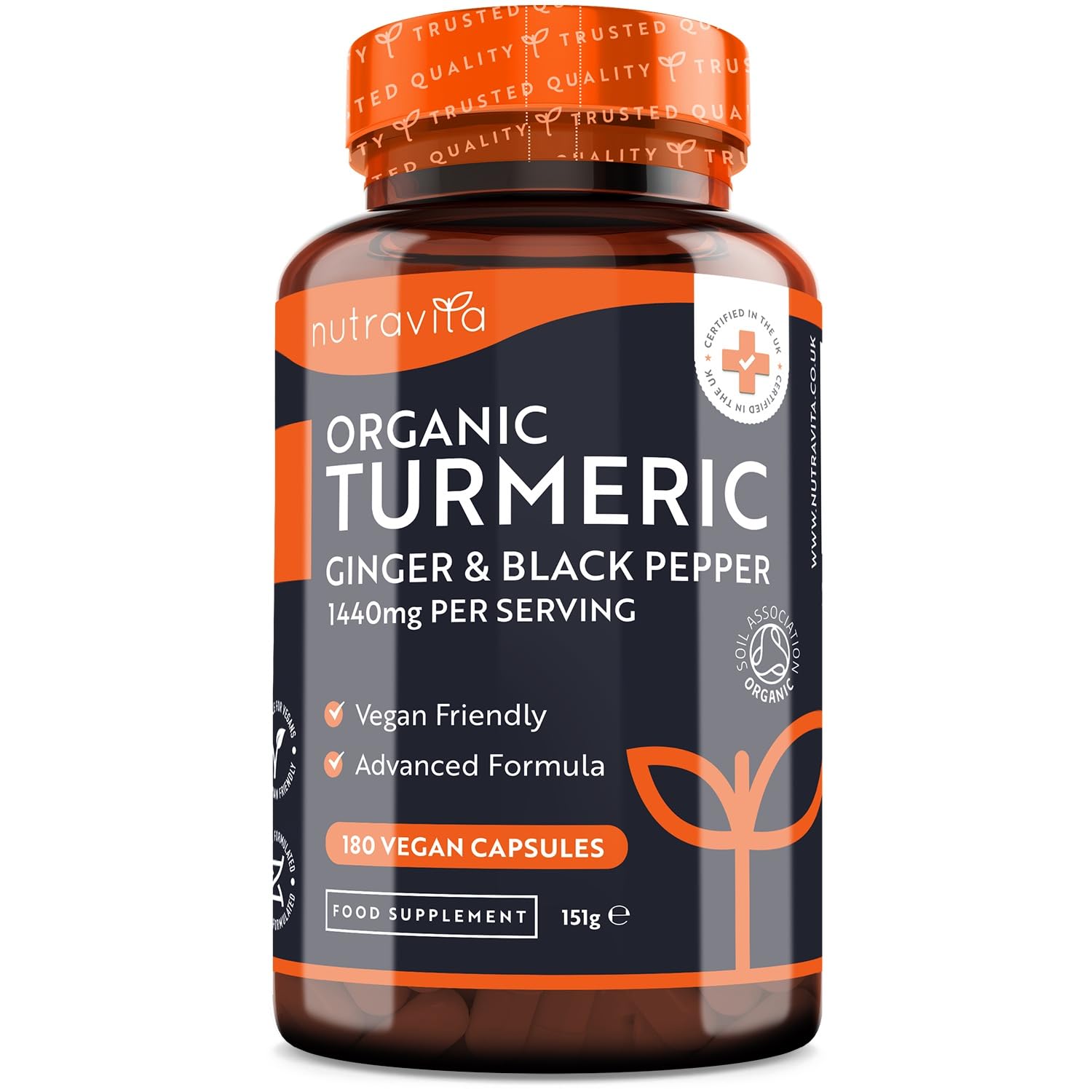 Organic Turmeric 1440mg (High Strength) with Black Pepper & Ginger - 180 Vegan Turmeric Nutravita Au supplements