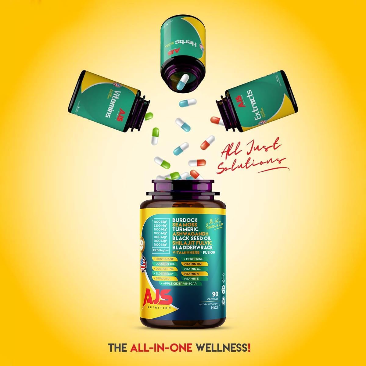AJS Sea Moss Capsules 3200mg, Himalayan Shilajit 1000mg with Black Seed Oil, Ashwagandha, Turmeric, Bladderwrack, Burdock, Vitamins, Berberine, Lion’s Mane Mushroom, Elderberry- 90 Caps AJS Nutrition Au supplements