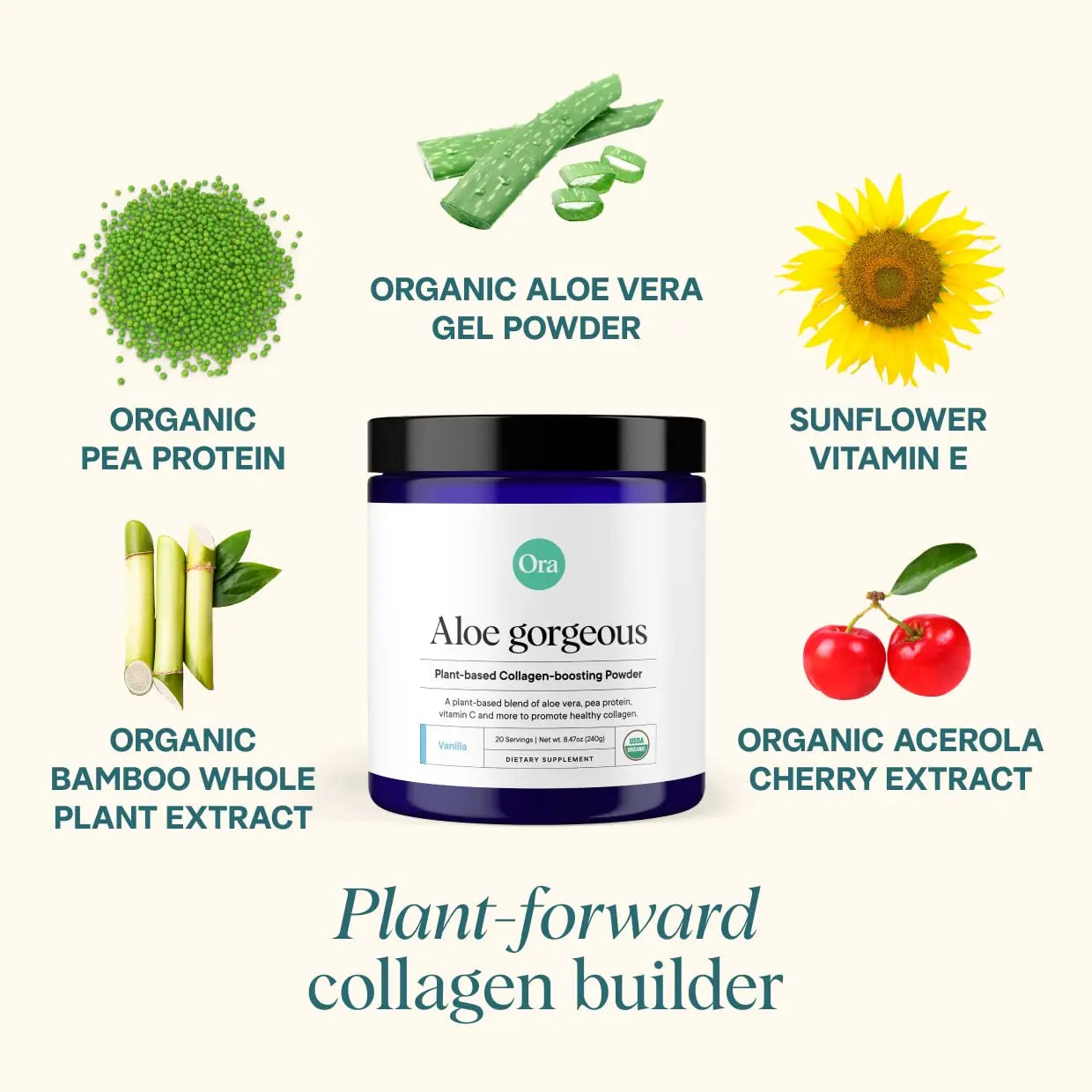 Ora Organic Vegan Collagen-Boosting Powder for Women and Men - Hair, Skin, & Nails Support - Bamboo Silica, Plant-Based Protein, Organic Vitamin C, Aloe Vera - Vanilla Flavor, 20 Servings Ora Organic Au supplements