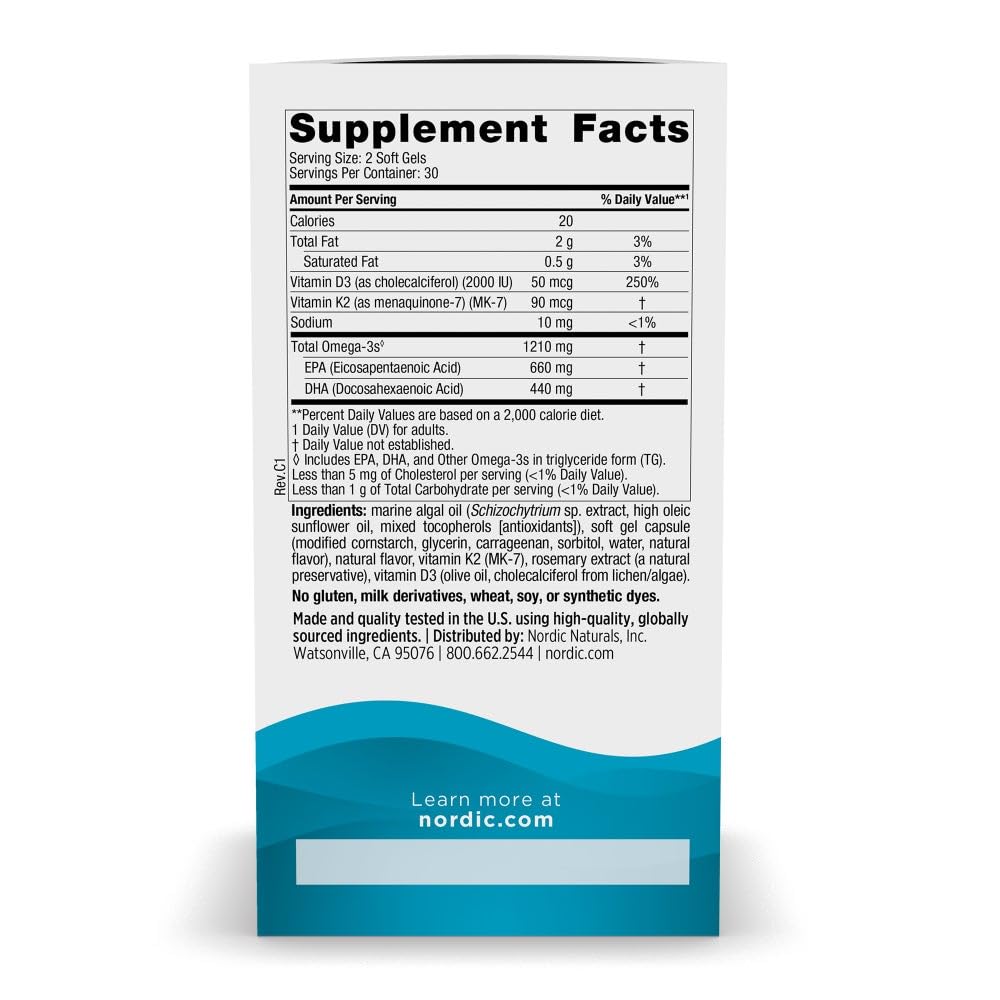 Nordic Naturals Ultimate Omega Plant Based Vitamin with Vitamin D3+K2-60 Vegetarian Soft Gels - 1210 mg Omega-3s Plus 2000 IU D3 and 90 mcg K2 - Promotes Brain Health - Non GMO - 30 Servings Nordic Naturals Au supplements