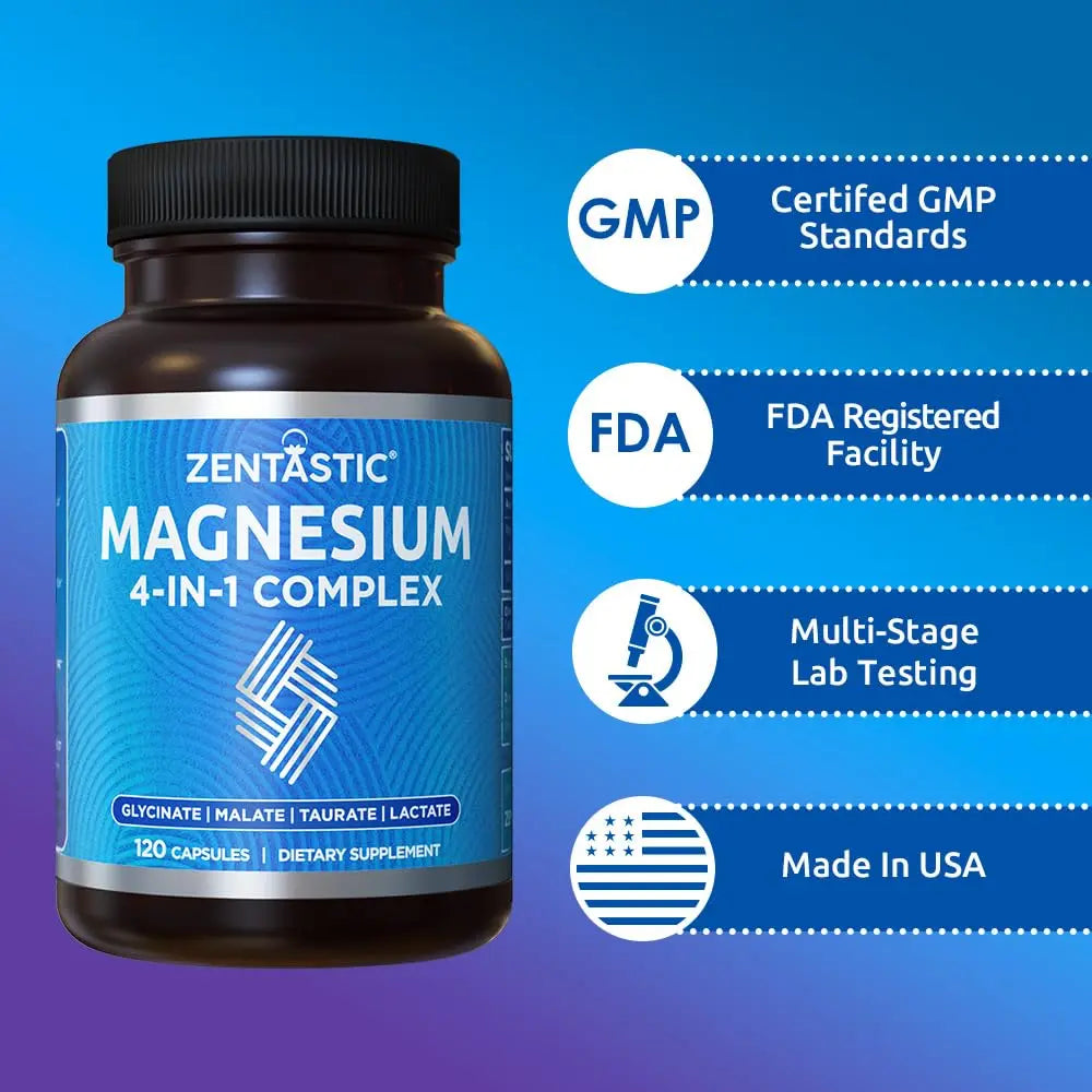Zentastic Magnesium Complex 4-in-1 Supplement – Magnesium Glycinate, Malate, Taurate & Lactate – Chelated High Absorption for Nerves, Muscles, Bones & Immune Support – 120 Capsules Zentastic Au supplements