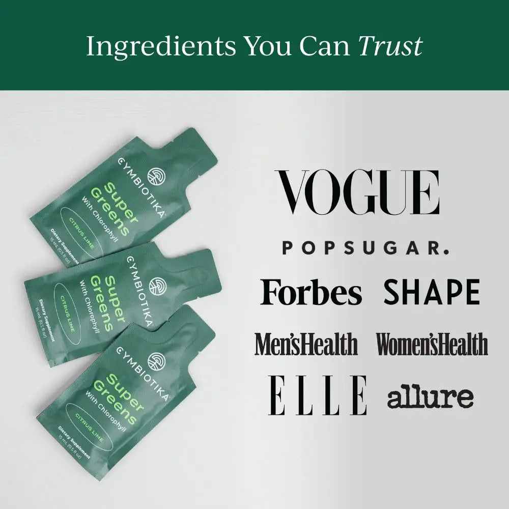 CYMBIOTIKA Super Greens Supplement with Chlorophyll, Spirulina, Daily Vegan Superfood Packets for Digestive Gut Health, Detox, Energy and Immune Support, Citrus Lime Flavor, 15 mL Pouches, 30 Pack CYMBIOTIKA Au supplements