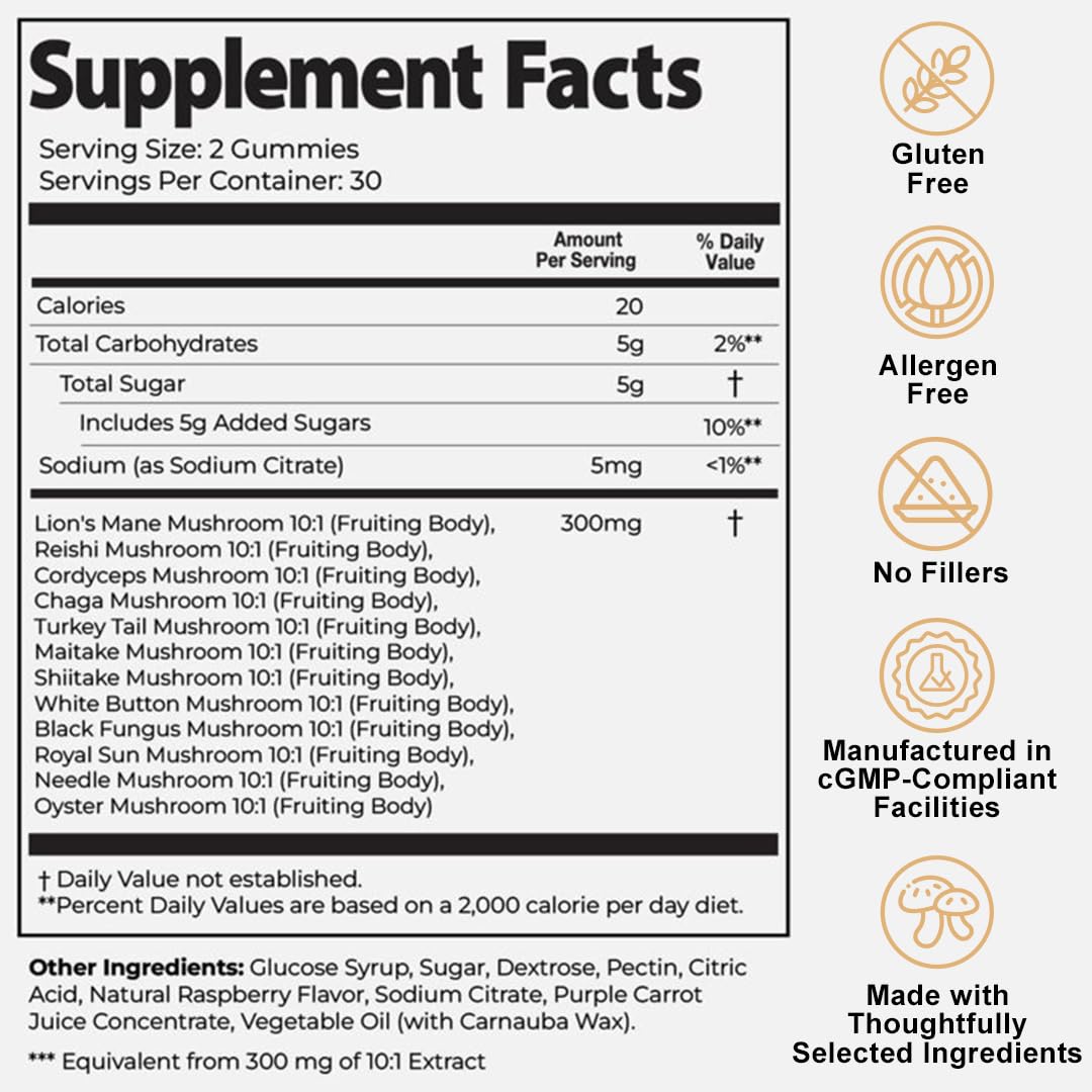 Auri Nutrition Super Mushroom Daily Gummies – All-in-One Functional Gummy with 12 Mushroom Blend Including Lion’s Mane
