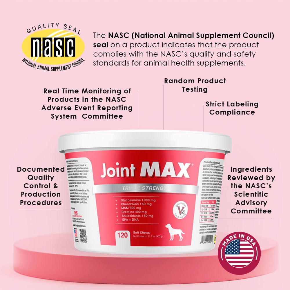 Joint Max TS Joint Supplement Vet Formulated Pain & Inflammation Relief Treats Hip Dysplasia & Arthritis, Glucosamine, Chondroitin, Turmeric, MSM, HA, Creatine, Omega 3 EPA + DHA.120 Soft Chews Joint Max Au supplements