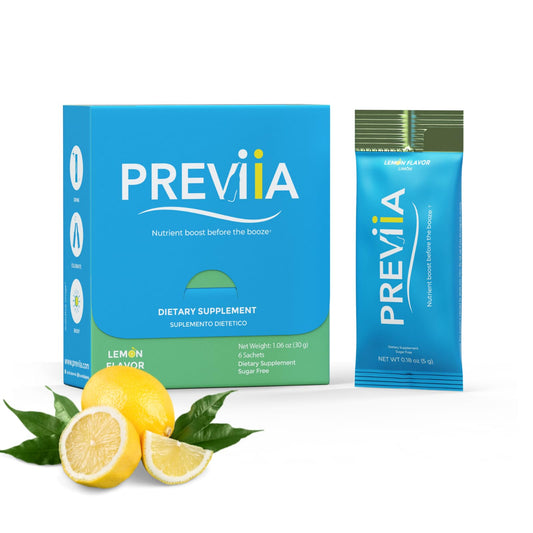 Previia – Pre-Drink Supplement | Nutrients Before Social Drinking | Cysteine, Choline, B-Complex, Magnesium, VIT C | Lemon Flavor | Soluble Drink | 6 Doses | Feel Better After Drinking PreviiaAu supplements