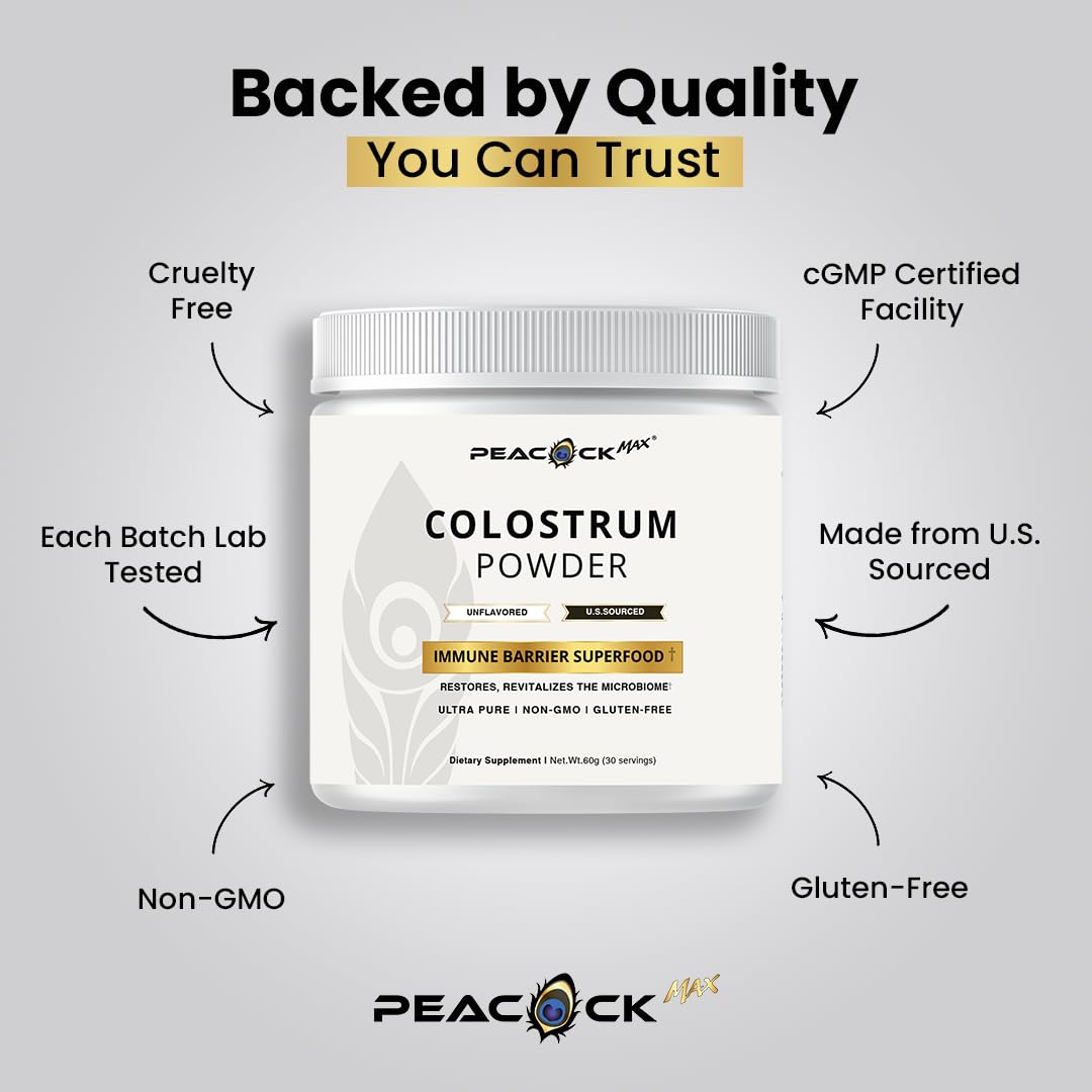 Peacock Max Colostrum Powder – 60g (30 Servings), Unflavored Bovine Colostrum Supplement, Superfood for Hair, Skin & Gut Health, Gluten-Free, Non-GMO Peacock Max Au supplements