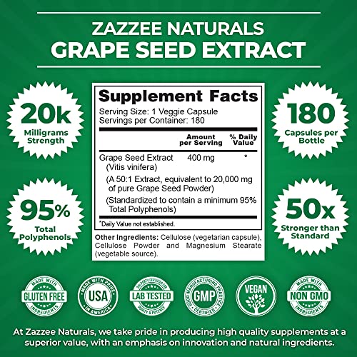 Zazzee High Strength Grape Seed 50:1 Extract, 20,000 mg Strength, 180 Vegan Capsules Zazzee Au supplements