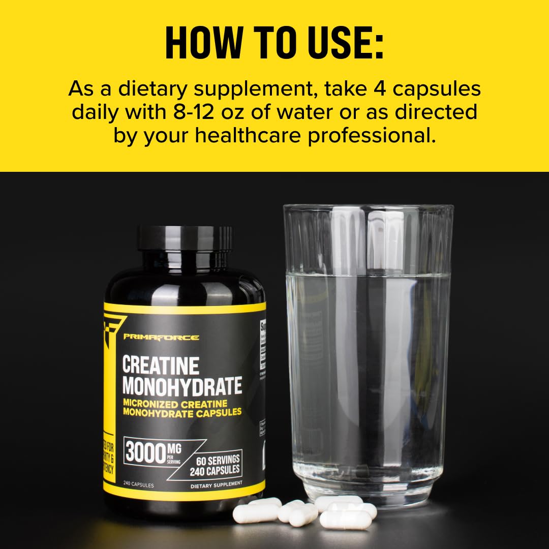 Primaforce Creatine Monohydrate Capsules - 240 Capsules, 3,000mg per Serving, Gluten Free and Non-GMO Primaforce Au supplements