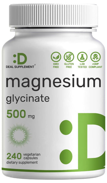 Deal Supplement Magnesium Glycinate 500mg, 240 Veggie Capsules | 100% Chelated for Easy Absorption | Essential Mineral Supplement | Non-GMO, Gluten-Free DEAL SUPPLEMENT Au supplements