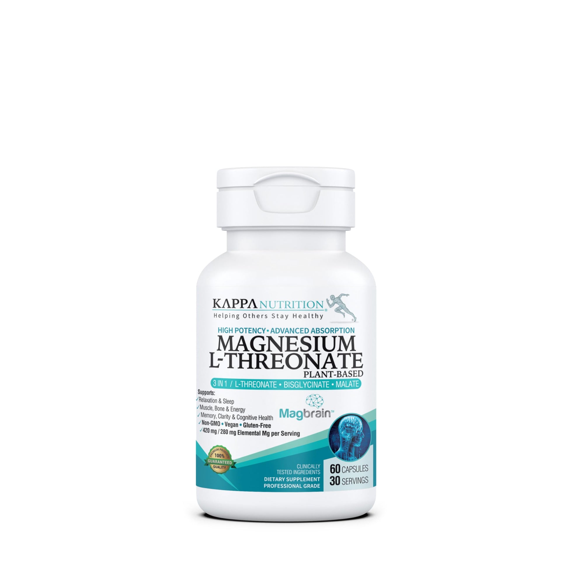 Kappa Nutrition Powered by Magbrain™ Magnesium L-Threonate Plant-Based, 60 Vegan Capsules, 420mg Elemental Magnesium (3 Capsules) from 2,253mg, Brain, Sleep & Muscle Support. KAPPA NUTRITION Au supplements