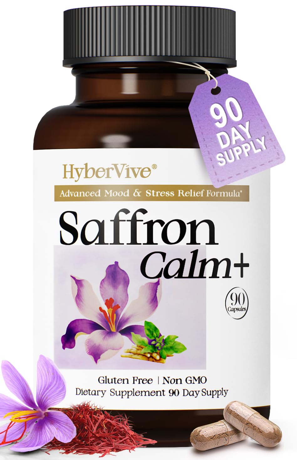 HyberVive Saffron Supplements with Ashwagandha & L-Theanine - 368.5MG - Mood Balance, Stress Relief & Mental Clarity – Cortisol Support for Women & Men, Made in USA, 90 Vegan Capsules HyberVive Au supplements