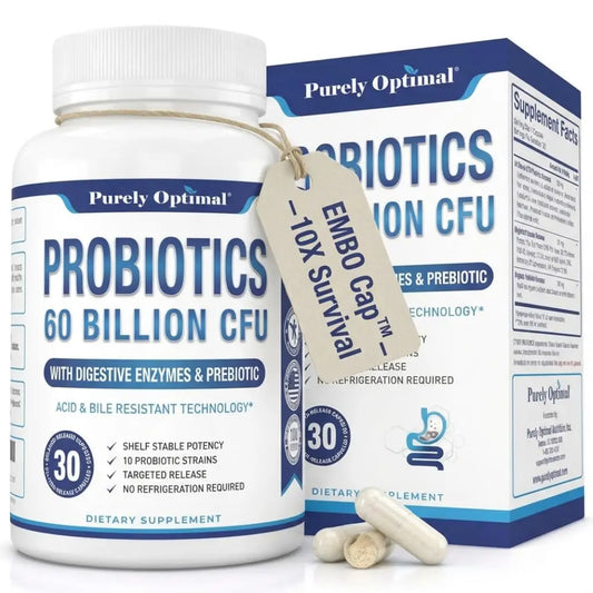 Purely Optimal Probiotics for Digestive Health, 60 Billion CFU – Delayed-Release with Digestive Enzymes & Organic Prebiotics – Bloating, Immune & Energy Support, 30 Caps Purely OptimalAU supplements