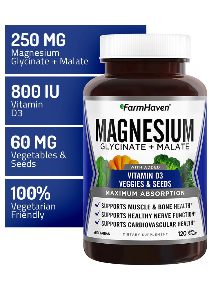 FarmHaven Magnesium Complex –Magnesium Glycinate & Malate w/Vitamin D3, 100% Chelated for Max Absorption, Vegetarian – Bone Health, Nerves, Muscles, 120 Capsules, 60 Days FarmHaven Au supplements