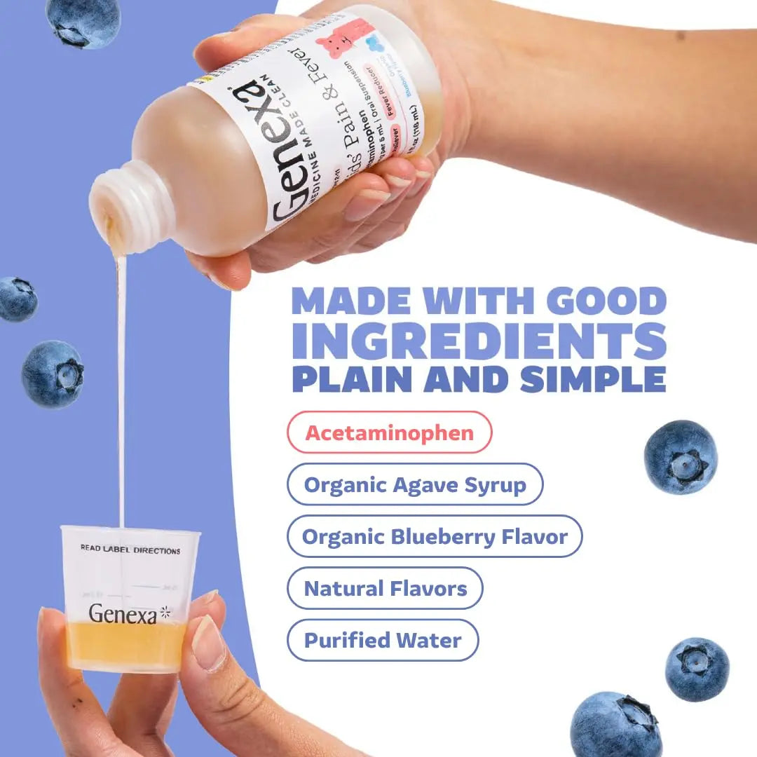 Genexa Children's Clean Acetaminophen | Pediatrician Preferred Ingredients | Pain & Fever Reducer for Kids | Dye Free, 0% Artificial Additives | Ages 2-11, Delicious Organic Blueberry Liquid, 4 fl oz Genexa Au supplements