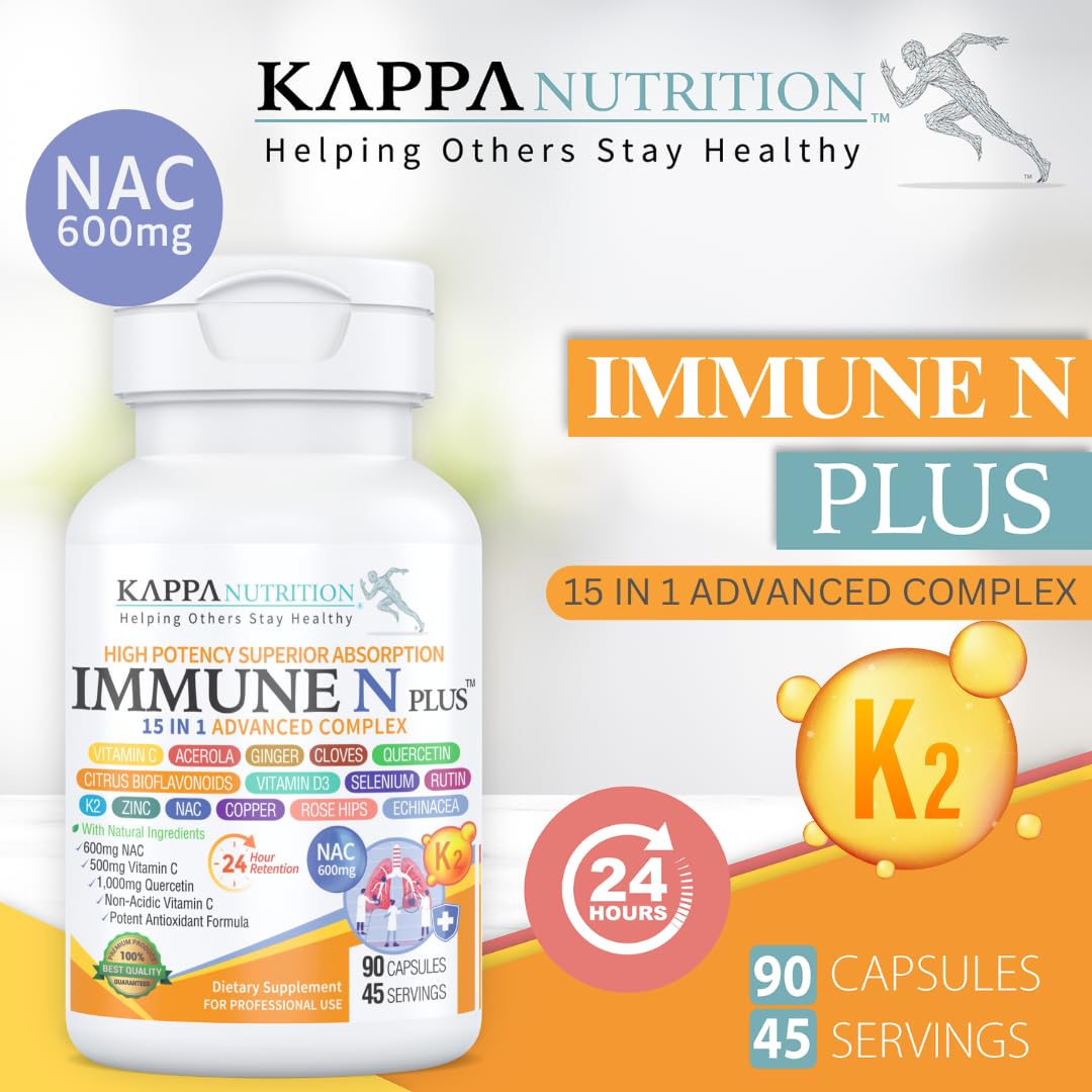 (90 Capsules), NAC 600mg, Quercetin 1,000mg, Vitamin C 500mg, Zinc 50mg, Vitamin D3 5,000iu, Selenium, Copper, Acerola, Ginger, Rutin, Citrus Bioflavonoids, Rose Hips, Echinacea, Immune N Plus 15 in 1 KAPPA NUTRITIONAu supplements