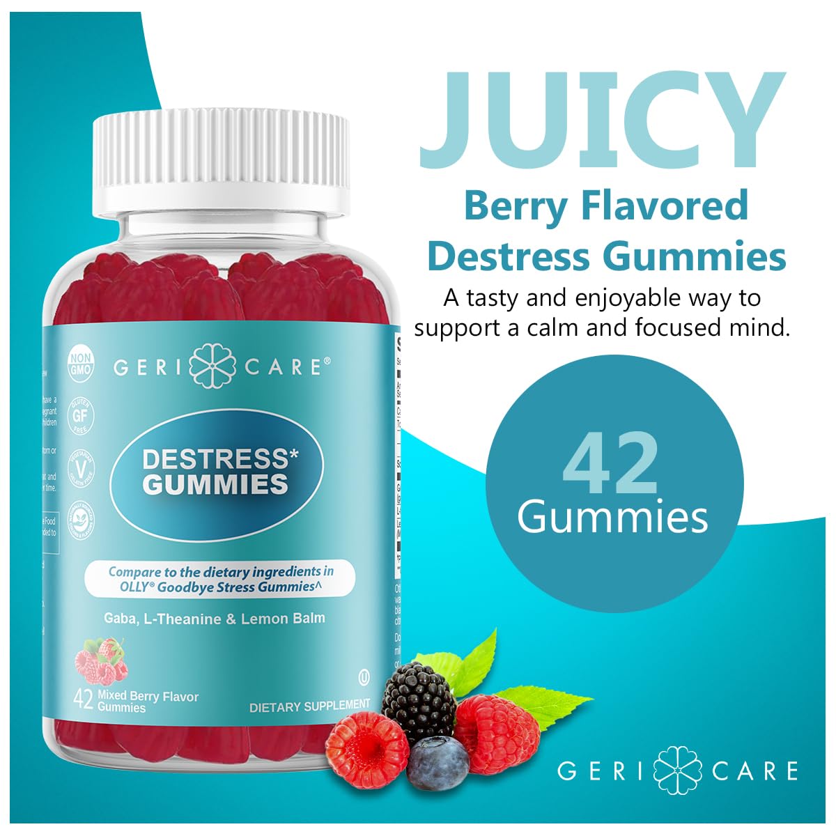 GeriCare DeStress Gummies with GABA, L-Theanine & Lemon Balm Mixed Berry Flavor – 42 Count – Supports Relaxation & Mental Clarity – Non-GMO, Gluten-Free, Vegan GeriCare Au supplements