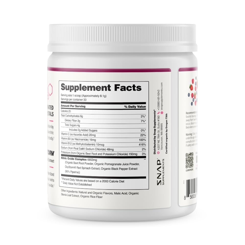 Snap Supplements Organic Beet Root Powder Nitric Oxide Supplement for Men & Women, Red Spinach & Pomegranate, Supports Healthy Energy & Blood Pressure Already in Normal Range, 30 Servings, Mixed Berry Snap Supplements Au supplements