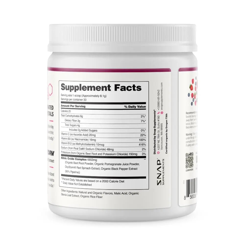 Snap Supplements Organic Beet Root Powder Nitric Oxide Supplement for Men & Women, Red Spinach & Pomegranate, Supports Healthy Energy & Blood Pressure Already in Normal Range, 30 Servings, Mixed Berry Snap Supplements Au supplements