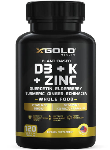 Vitamin D, K2, K1, Zinc, Quercetin, Elderberry, Turmeric, Ginger & Echinacea Whole Food Supplement 8 in 1- D3 5000 IU Plant-Based from Lichen, Vitamin K (K2 MK7, MK4, K1), D3 K2 Vitamins -120 Capsules X Gold Health Au supplements