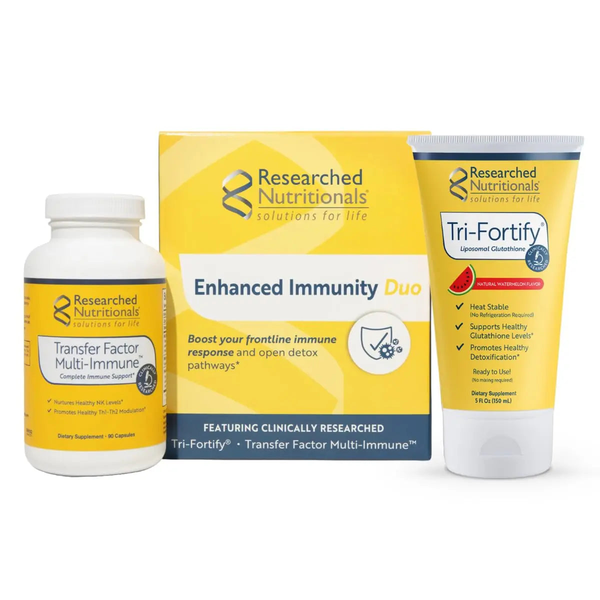 Researched Nutritionals Liposomal Glutathione (450mg) + Colostrum & Mushrooms Supplement for Immunity - Enhanced Immunity Duo - Tri-Fortify Watermelon + Transfer Factor Multi-Immune (2 Piece Set) Researched Nutritionals Au supplements