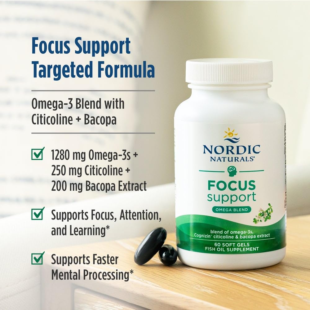 Nordic Naturals Omega Focus, Lemon - 60 Soft Gels - 1280 mg Omega-3 + Citicoline & Bacopa Monnieri Extract - Focus, Attention, Memory, Brain Health - Non-GMO - 30 Servings Nordic Naturals Au supplements
