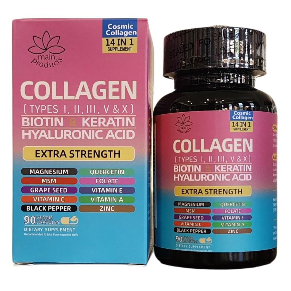 Collagen Peptides Types I, II, III, V & X, 64000 MCG, 14 in 1, Biotin, Keratin, Hyaluronic Acid, Magnesium, MSM, Grape Seed, Vitamin A C & E, Black Pepper, Quercetin, Folate, Zinc (90 Veggie Caps) Main Products Au supplements