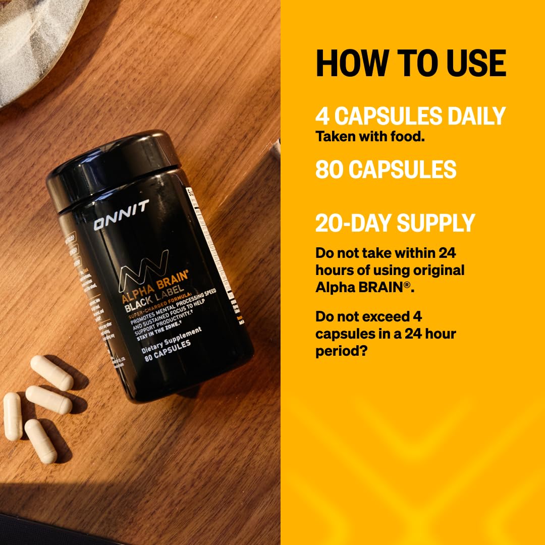 ONNIT Alpha Brain Black Label Capsules, IGEN Non-GMO Tested Citicoline Brain Supplement for Concentration and Memory, Lion’s Mane, Lutemax Lutein, L Theanine and Mucuna Pruriens, 80 Count ONNIT Au supplements