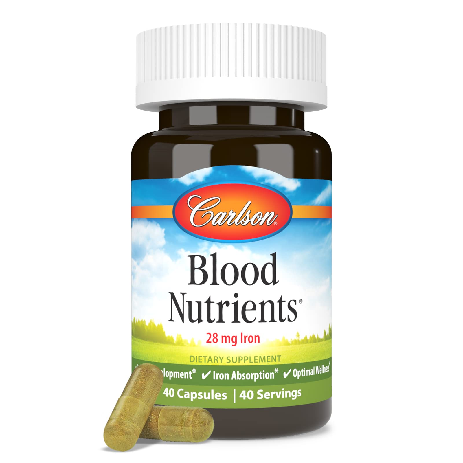 Carlson - Blood Nutrients, 28 mg Iron, Blood Development, Iron Absorption & Optimal Wellness, 40 Capsules Carlson Au supplements