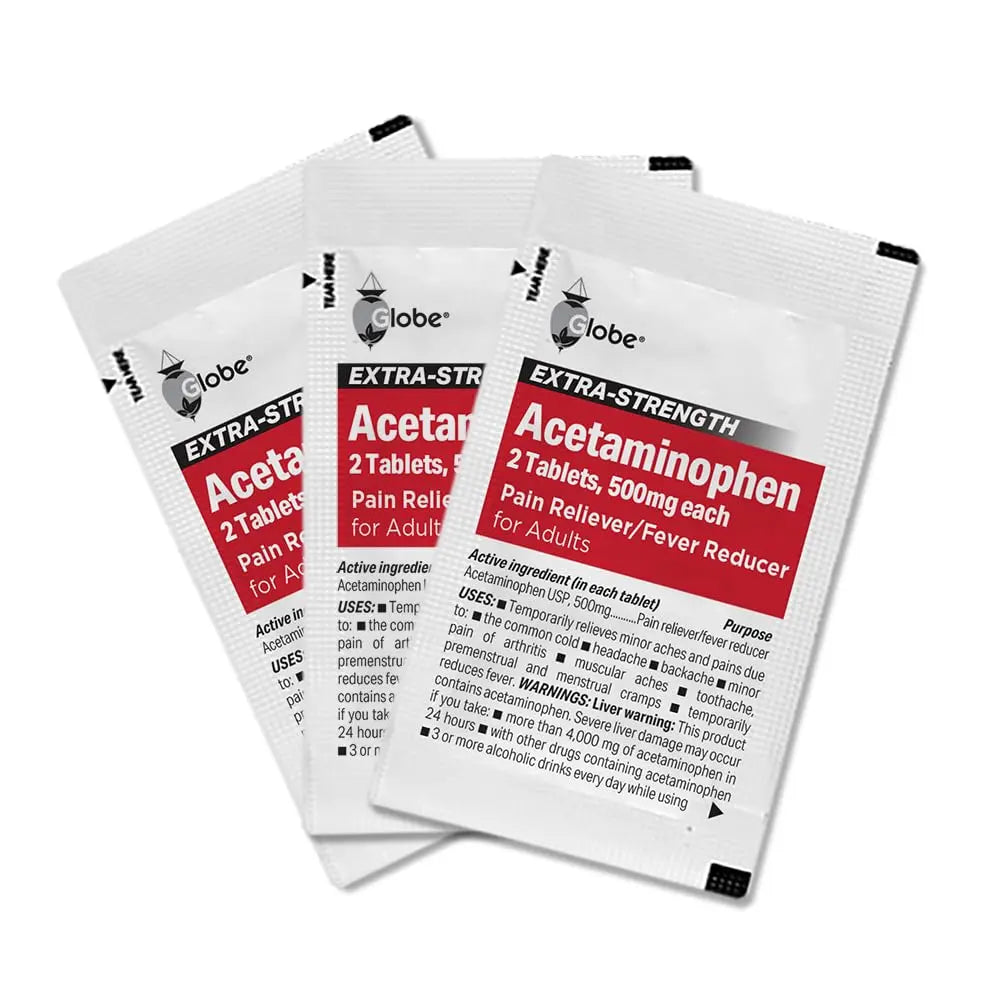 Globe Extra Strength Acetaminophen Tablets 500 mg, Pain Reliever and Fever Reducer, Gentle on Stomach, for Arthritis Pain, Backache Pain and More, 50 Packets of 2 Tablets Each, 100 Count Globe Au supplements