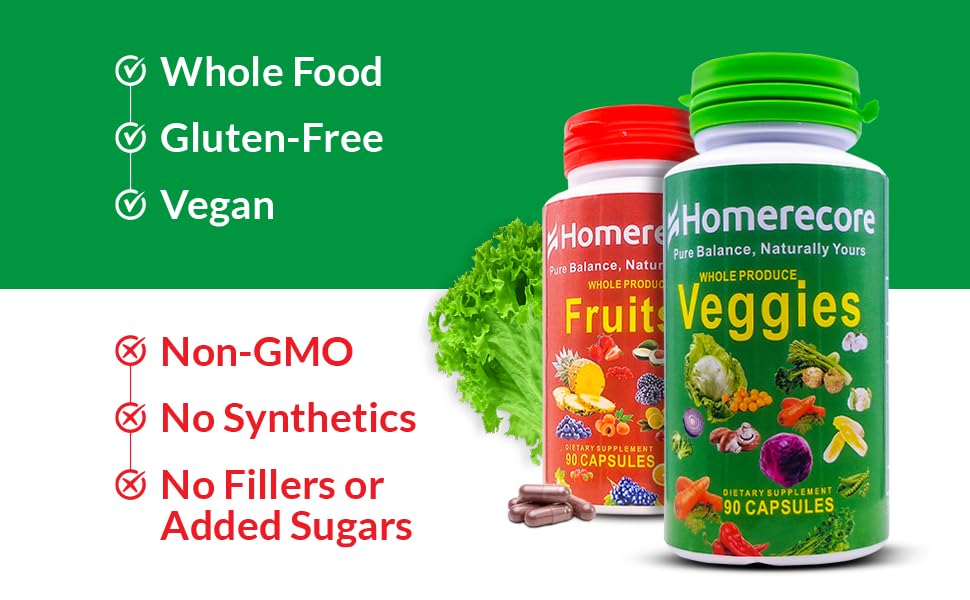 HOMERECORE Whole Food Fruits & Veggies Supplement Plant-Based, Vegan, Gluten-Free, Soy-Free No Fillers Natural Superfoods Boost Energy & Immune System for Men & Women 90 Fruit & 90 Veggie Capsules HOMERECORE Au supplements