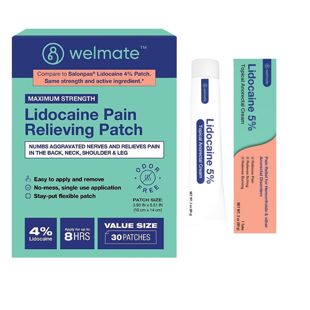 WELMATE Ultimate Pain Relief Duo: 4% Lidocaine Numbing Patch (30 Ct) & 5% Lidocaine Cream (2 Oz) | Maximum Strength Topical Analgesic Kit WELMATE Au supplements