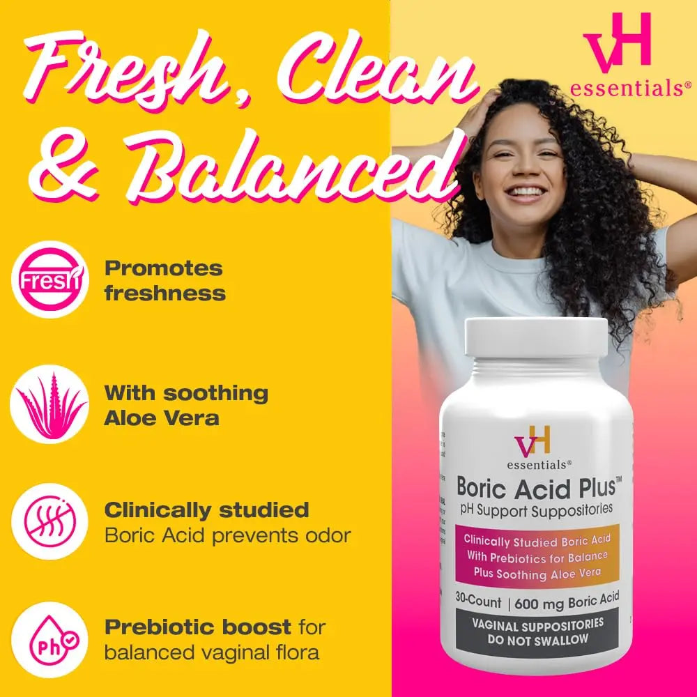 vH Essentials Boric Acid Plus Vaginal Suppositories, Prebiotic Infused with Soothing Aloe Vera, pH Support Formula Fights Odor and Promotes Freshness, 600mg Boric Acid, 30 Count vH essentials Au supplements