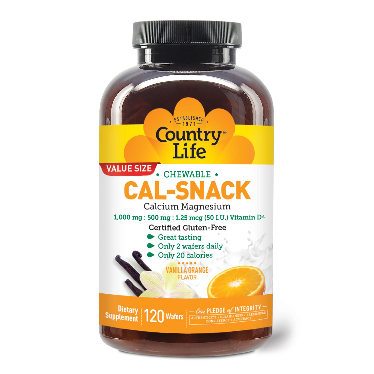 Country Life Cal-Snack - Chewable Calcium Magnesium Supplement wafers with Vitamin D3, Easy to Digest, Vanilla Orange Flavor, Dietary Supplement Country Life Au supplements