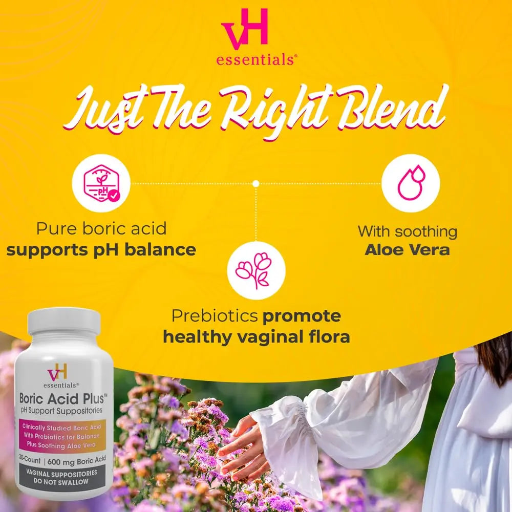 vH Essentials Boric Acid Plus Vaginal Suppositories, Prebiotic Infused with Soothing Aloe Vera, pH Support Formula Fights Odor and Promotes Freshness, 600mg Boric Acid, 30 Count vH essentials Au supplements
