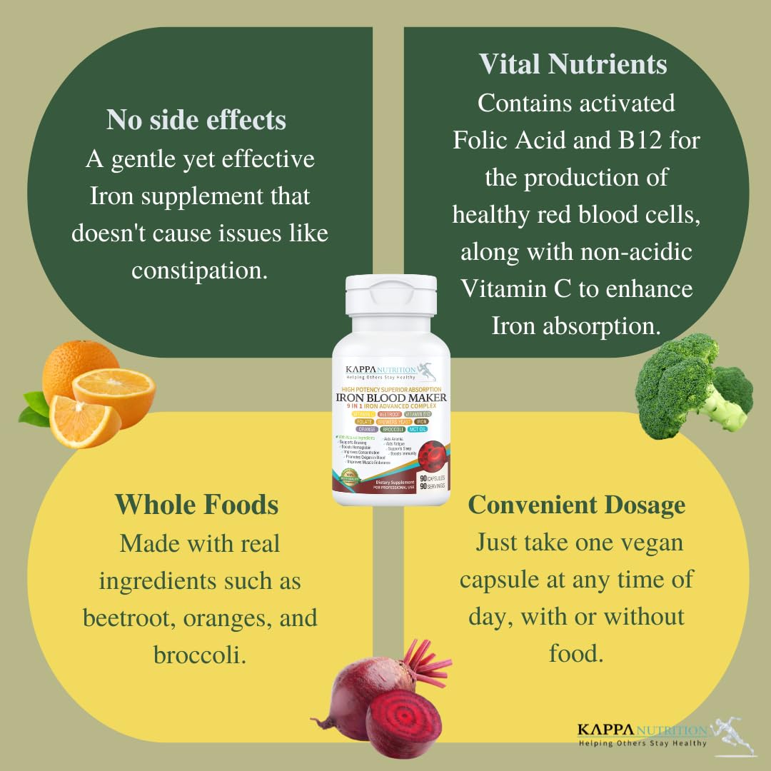 KAPPA NUTRITION Iron 26mg, Vitamin C & Orange 150mg, Folate 667mcg DFE, Vitamin B12, Beetroot, Brewers Yeast, Broccoli & MCT Oil 9 in 1 Advanced Complex (60 Capsules) KAPPA NUTRITION Au supplements