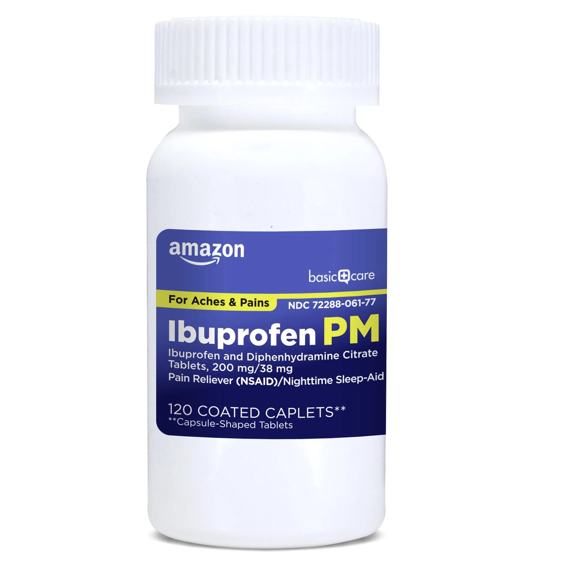 Amazon Basic Care Ibuprofen PM, Ibuprofen 200 mg and Diphenhydramine Citrate 38 mg, Pain Reliever and Nighttime Sleep-Aid, Capsule-Shaped Tablets, 120 Count Amazon Basic Care Au supplements